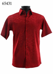 Bassiri Short Sleeve Button Down Casual Tone on Tone Men's Shirt - Shiny Floral Pattern Red #65431