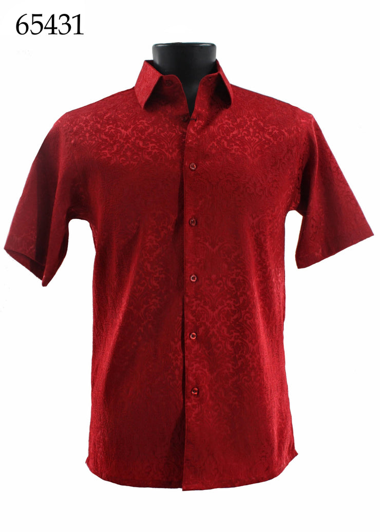 Bassiri Short Sleeve Button Down Casual Tone on Tone Men's Shirt - Shiny Floral Pattern Red #65431
