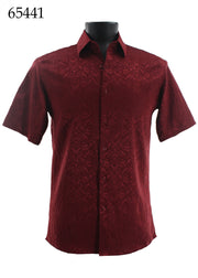 Bassiri Short Sleeve Button Down Casual Tone on Tone Men's Shirt - Shiny Floral Pattern Burgundy #65441