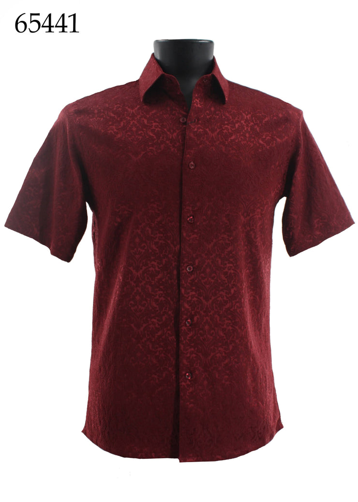 Bassiri Short Sleeve Button Down Casual Tone on Tone Men's Shirt - Shiny Floral Pattern Burgundy #65441