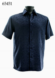 Bassiri Short Sleeve Button Down Casual Tone on Tone Men's Shirt - Shiny Floral Pattern Navy #65451