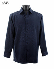 Bassiri Long Sleeve Button Down Casual Printed Men's Shirt - Shiny Floral Pattern Navy #6545