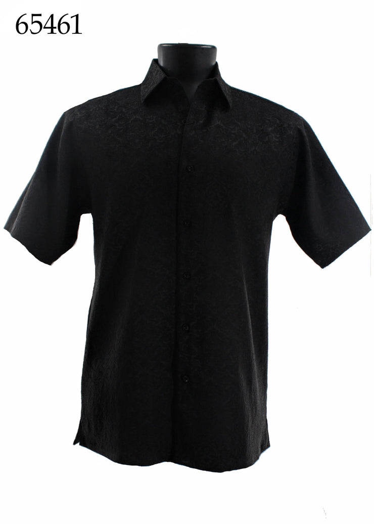 Bassiri Short Sleeve Button Down Casual Tone on Tone Men's Shirt - Shiny Floral Pattern Black #65461