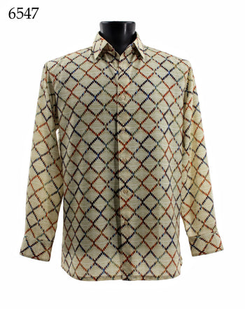 Bassiri Long Sleeve Button Down Casual Printed Men's Shirt - Horizontal Diamond Pattern Beige #6547