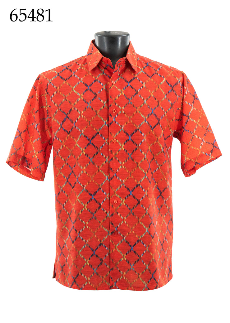 Bassiri Short Sleeve Button Down Casual Printed Men's Shirt - Horizontal Diamond Pattern Red #65481