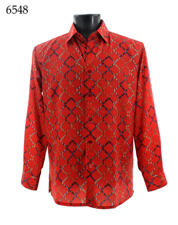 Bassiri Long Sleeve Button Down Casual Printed Men's Shirt - Horizontal Diamond Pattern Red #6548