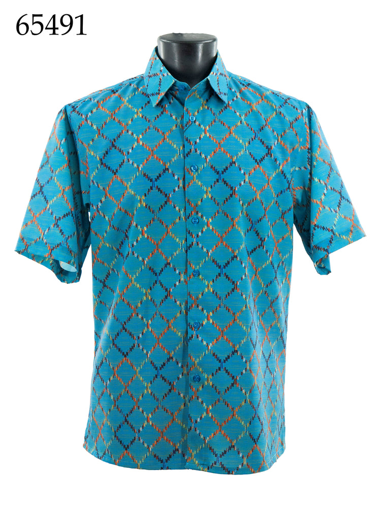 Bassiri Short Sleeve Button Down Casual Printed Men's Shirt - Horizontal Diamond Pattern Blue #65491