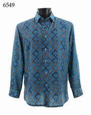 Bassiri Long Sleeve Button Down Casual Printed Men's Shirt - Horizontal Diamond Pattern Blue #6549