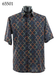 Bassiri Short Sleeve Button Down Casual Printed Men's Shirt - Horizontal Diamond Pattern Black #65501