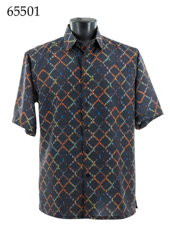 Bassiri Short Sleeve Button Down Casual Printed Men's Shirt - Horizontal Diamond Pattern Black #65501