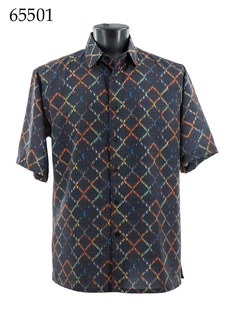 Bassiri Short Sleeve Button Down Casual Printed Men's Shirt - Horizontal Diamond Pattern Black #65501