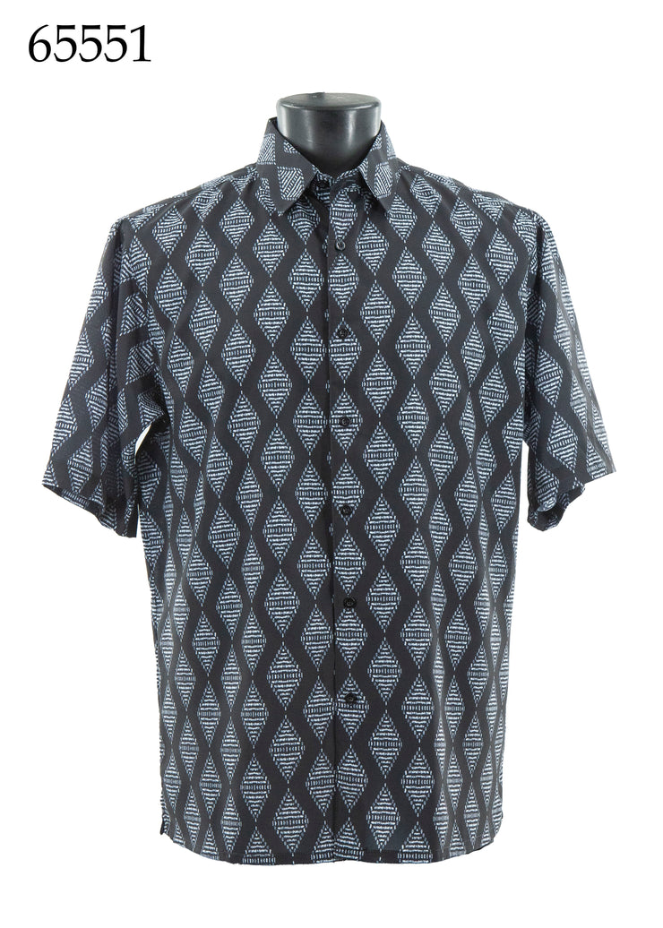 Bassiri Short Sleeve Button Down Casual Printed Men's Shirt - Geometrical Pattern Black #65551