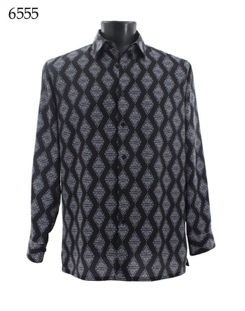 Bassiri Long Sleeve Button Down Casual Printed Men's Shirt - Geometrical Pattern Black #6555