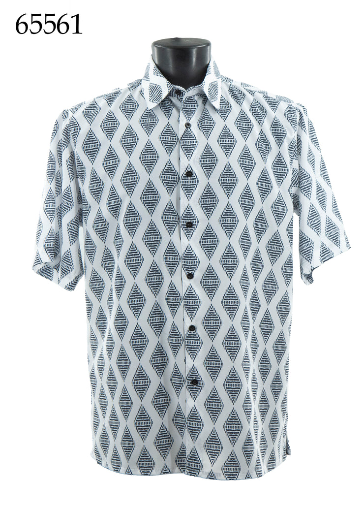 Bassiri Short Sleeve Button Down Casual Printed Men's Shirt - Geometrical Pattern White #65561