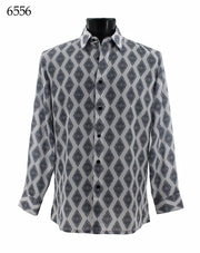 Bassiri Long Sleeve Button Down Casual Printed Men's Shirt - Geometrical Pattern White #6556