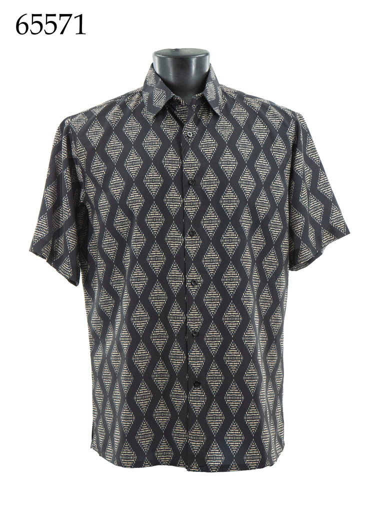 Bassiri Short Sleeve Button Down Casual Printed Men's Shirt - Geometrical Pattern Gold #65571