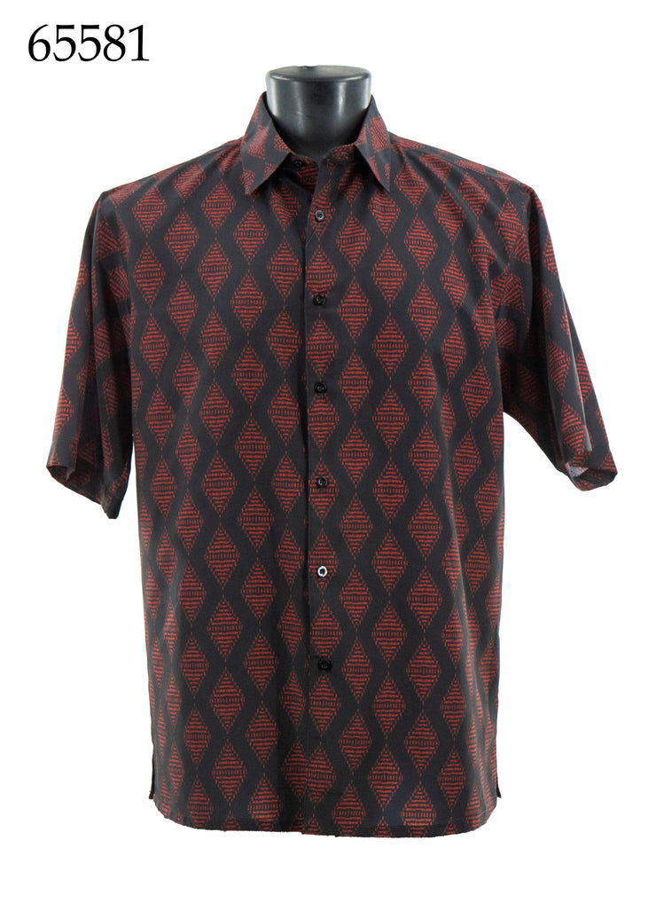 Bassiri Short Sleeve Button Down Casual Printed Men's Shirt - Geometrical Pattern Red #65581