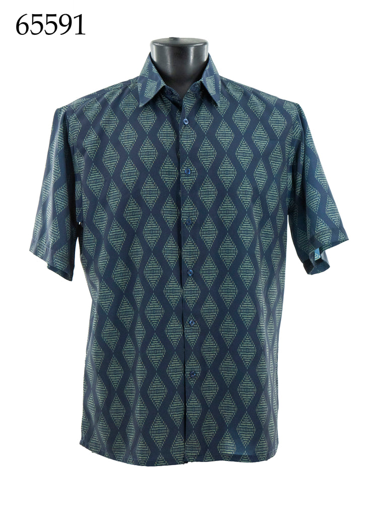 Bassiri Short Sleeve Button Down Casual Printed Men's Shirt - Geometrical Pattern Navy Blue #65591
