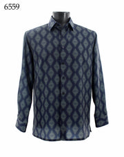 Bassiri Long Sleeve Button Down Casual Printed Men's Shirt - Geometrical Pattern Navy Blue #6559