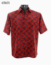 Bassiri Short Sleeve Button Down Casual Printed Men's Shirt - Vertical Zig Zag Pattern Red #65601
