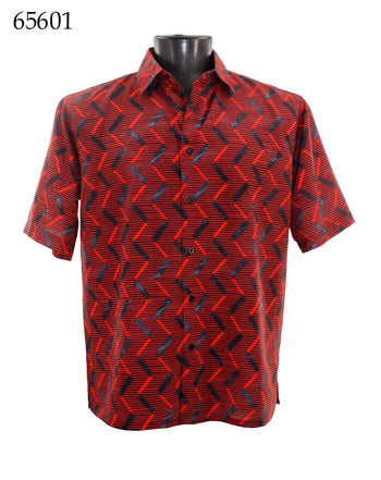 Bassiri Short Sleeve Button Down Casual Printed Men's Shirt - Vertical Zig Zag Pattern Red #65601