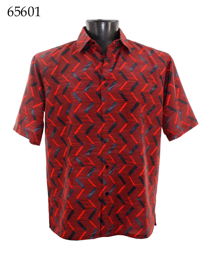 Bassiri Short Sleeve Button Down Casual Printed Men's Shirt - Vertical Zig Zag Pattern Red #65601