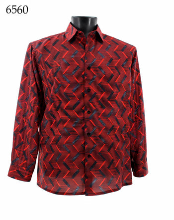 Bassiri Long Sleeve Button Down Casual Printed Men's Shirt - Vertical Zig Zag Pattern Red #6560