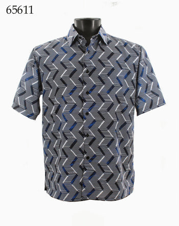 Bassiri Short Sleeve Button Down Casual Printed Men's Shirt - Vertical Zig Zag Pattern Blue #65611