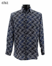 Bassiri Long Sleeve Button Down Casual Printed Men's Shirt - Vertical Zig Zag Pattern Blue #6561