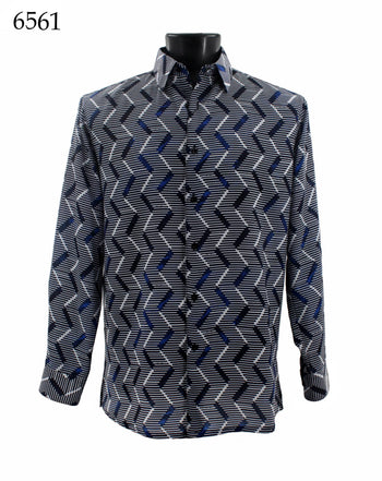 Bassiri Long Sleeve Button Down Casual Printed Men's Shirt - Vertical Zig Zag Pattern Blue #6561