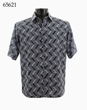 Bassiri Short Sleeve Button Down Casual Printed Men's Shirt - Vertical Zig Zag Pattern Black #65621