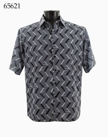 Bassiri Short Sleeve Button Down Casual Printed Men's Shirt - Vertical Zig Zag Pattern Black #65621