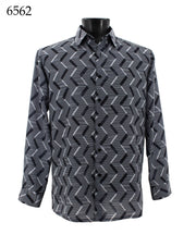 Bassiri Long Sleeve Button Down Casual Printed Men's Shirt - Vertical Zig Zag Pattern Black & White #6562