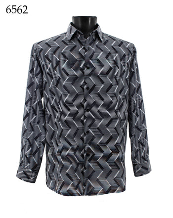 Bassiri Long Sleeve Button Down Casual Printed Men's Shirt - Vertical Zig Zag Pattern Black & White #6562