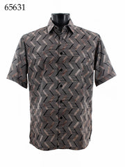 Bassiri Short Sleeve Button Down Casual Printed Men's Shirt - Vertical Zig Zag Pattern Gold #65631