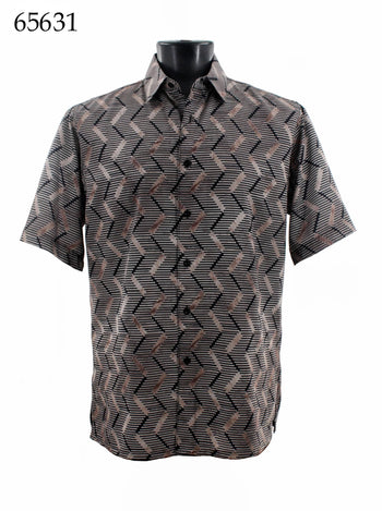 Bassiri Short Sleeve Button Down Casual Printed Men's Shirt - Vertical Zig Zag Pattern Gold #65631