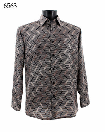 Bassiri Long Sleeve Button Down Casual Printed Men's Shirt - Vertical Zig Zag Pattern Gold #6563