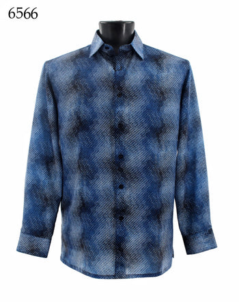 Bassiri Long Sleeve Button Down Casual Printed Men's Shirt - Abstract Pattern Blue #6566