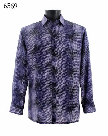 Bassiri Long Sleeve Button Down Casual Printed Men's Shirt - Abstract Pattern Purple #6569