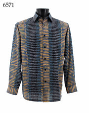 Bassiri Long Sleeve Button Down Casual Printed Men's Shirt - Abstract Pattern Yellow & Blue #6571