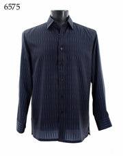 Bassiri Long Sleeve Button Down Casual Printed Men's Shirt - Geometrical Pattern Navy Blue #6575