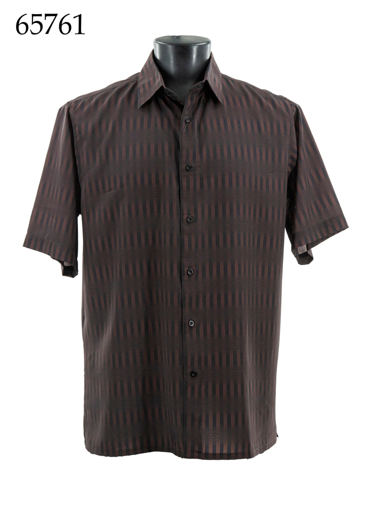 Bassiri Short Sleeve Button Down Casual Printed Men's Shirt - Geometrical Pattern Brown #65761