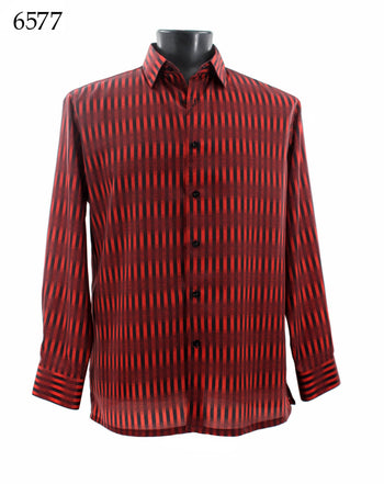 Bassiri Long Sleeve Button Down Casual Printed Men's Shirt - Geometrical Pattern Red #6577