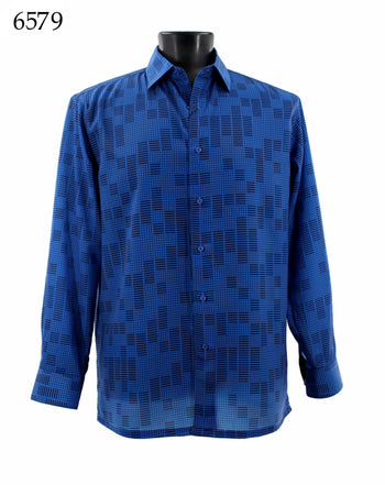 Bassiri Long Sleeve Button Down Casual Printed Men's Shirt - Geometrical Pattern Royal Blue #6579