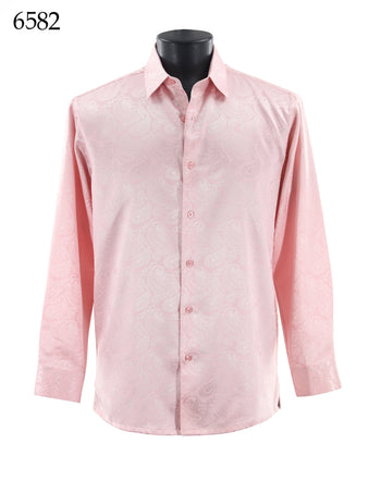 Bassiri Long Sleeve Button Down Casual Tone on Tone Men's Shirt - Shiny Paisley Pattern Pink #6582
