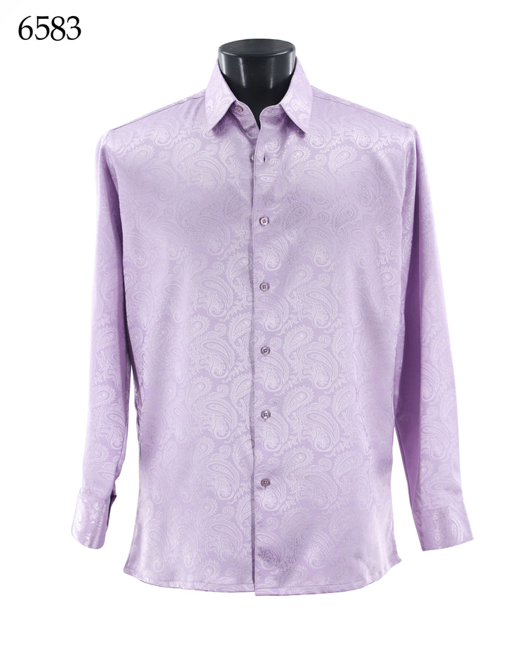 Bassiri Long Sleeve Button Down Casual Tone on Tone Men's Shirt - Shiny Paisley Pattern Lilac #6583