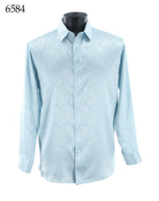 Bassiri Long Sleeve Button Down Casual Tone on Tone Men's Shirt - Shiny Paisley Pattern Blue #6584