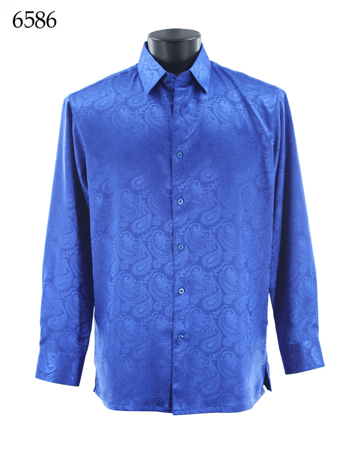 Bassiri Long Sleeve Button Down Casual Tone on Tone Men's Shirt - Shiny Paisley Pattern Royal Blue #6586
