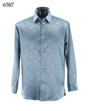 Bassiri Long Sleeve Button Down Casual Tone on Tone Men's Shirt - Shiny Paisley Pattern Grey #6587