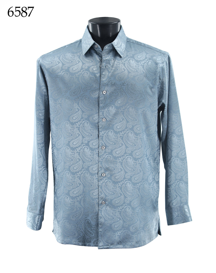 Bassiri Long Sleeve Button Down Casual Tone on Tone Men's Shirt - Shiny Paisley Pattern Grey #6587